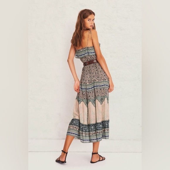 ba&sh Teresa Dress Vert Eau Print Boho Maxi Midi Tassel Tie Strappy Viscose - Picture 2 of 9